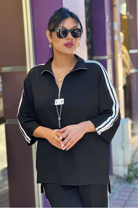 Yaka Zincir Detay Çizgili İkili Takım-Siyah