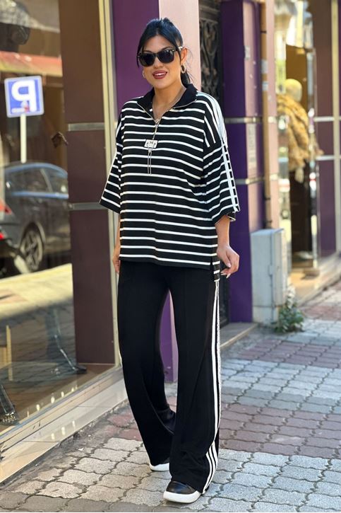 Yaka Zincir Detay Çizgili İkili Takım-SiyahBeyaz