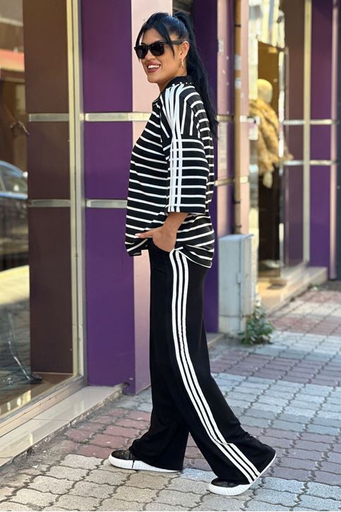 Yaka Zincir Detay Çizgili İkili Takım-SiyahBeyaz