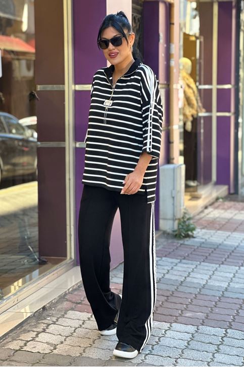 Yaka Zincir Detay Çizgili İkili Takım-SiyahBeyaz