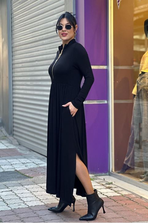 Balıkcı Yaka Yarım Fermuarlı Midi Boy Elbise-Siyah