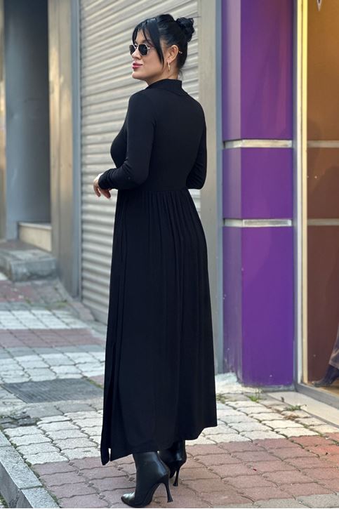 Balıkcı Yaka Yarım Fermuarlı Midi Boy Elbise-Siyah