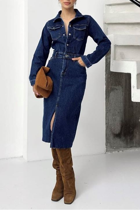 Eteği Yırtmaçlı Düğmeli Kot Elbise-Mavi