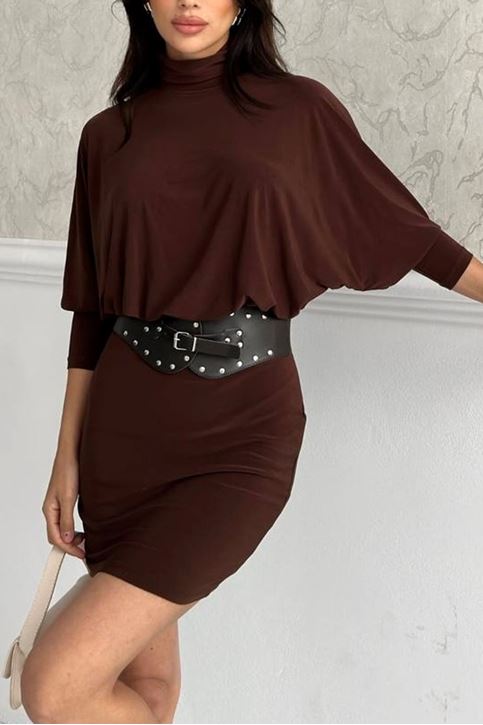 Kemerli Balıkçı Yaka Elbise-Kahve