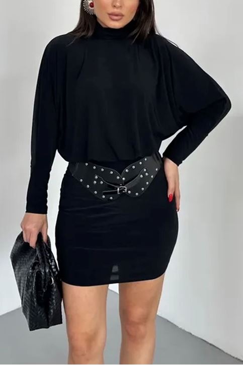 Kemerli Balıkçı Yaka Elbise-Siyah