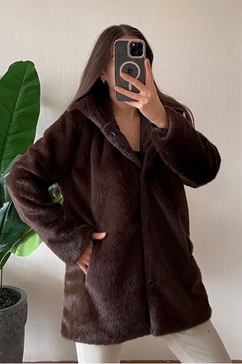 Kapşonlu Çıtçıtlı Suni Tavşan Kürk Mont-Kahve