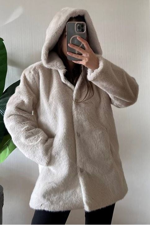 Kapşonlu Çıtçıtlı Suni Tavşan Kürk Mont-Krem