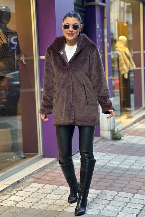 Kapşonlu Çıtçıtlı Suni Tavşan Kürk Mont-Kahve