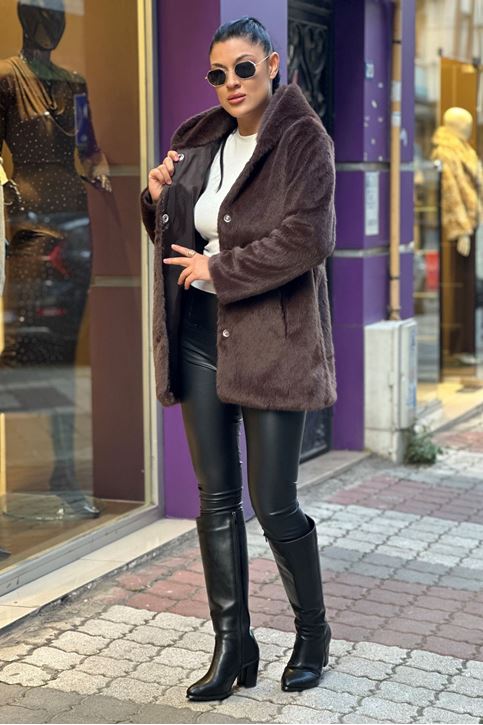 Kapşonlu Çıtçıtlı Suni Tavşan Kürk Mont-Kahve