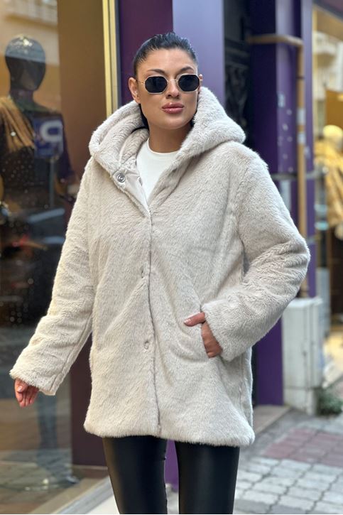 Kapşonlu Çıtçıtlı Suni Tavşan Kürk Mont-Krem