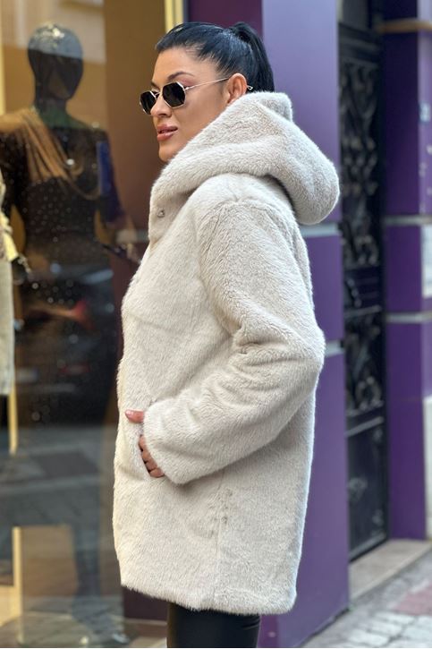 Kapşonlu Çıtçıtlı Suni Tavşan Kürk Mont-Krem