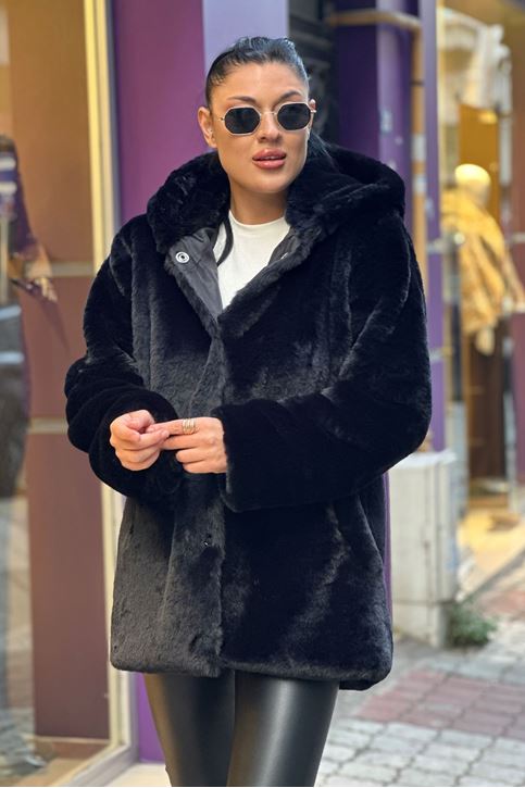 Kapşonlu Çıtçıtlı Suni Tavşan Kürk Mont-Siyah