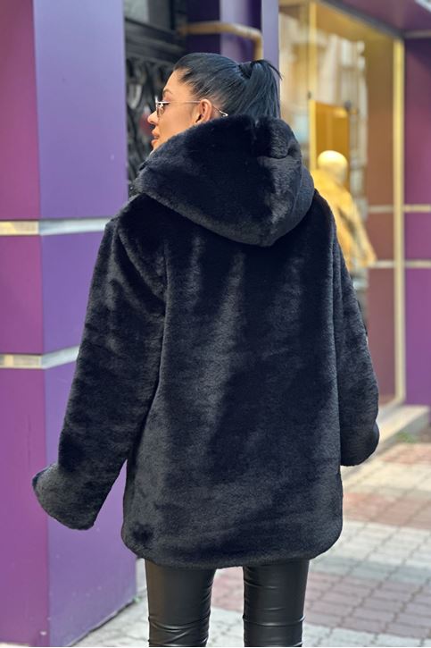 Kapşonlu Çıtçıtlı Suni Tavşan Kürk Mont-Siyah