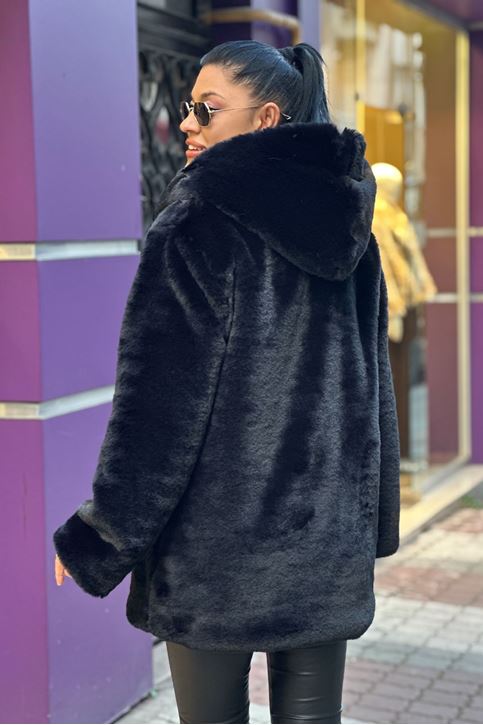 Kapşonlu Çıtçıtlı Suni Tavşan Kürk Mont-Siyah