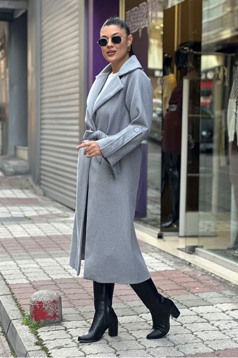 Kolları Apolet Detaylı Uzun Kaşe Kaban-Gri