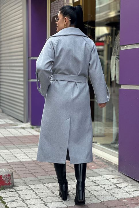 Kolları Apolet Detaylı Uzun Kaşe Kaban-Gri