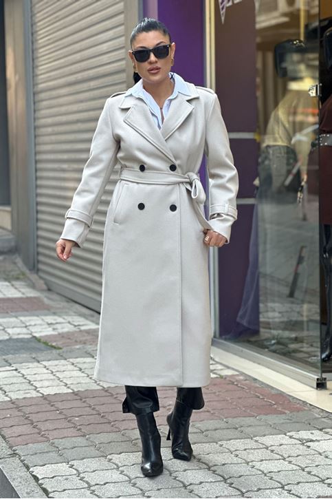 Kol Omuz Apolet Detaylı Uzun Kaşe Kaban-Krem