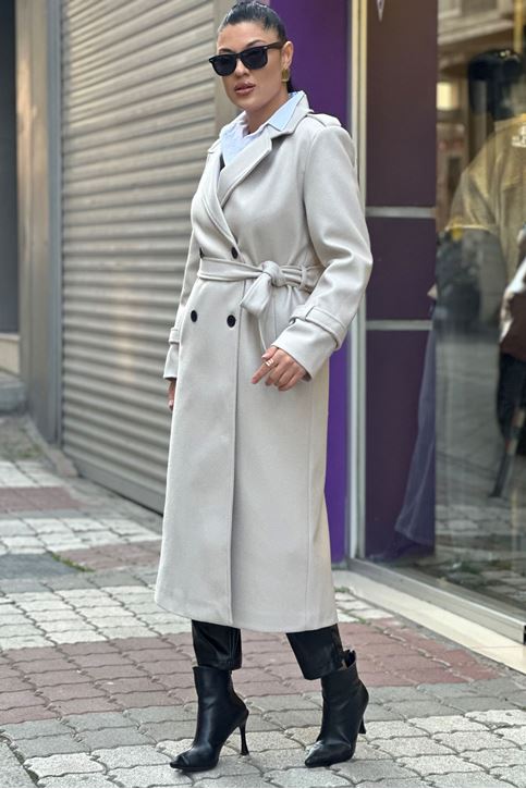 Kol Omuz Apolet Detaylı Uzun Kaşe Kaban-Krem