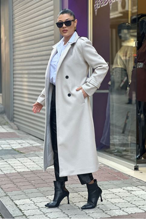 Kol Omuz Apolet Detaylı Uzun Kaşe Kaban-Krem