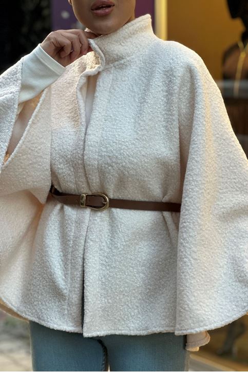 Buklet Doku Yaka Düğmeli Kemerli Panço-Krem