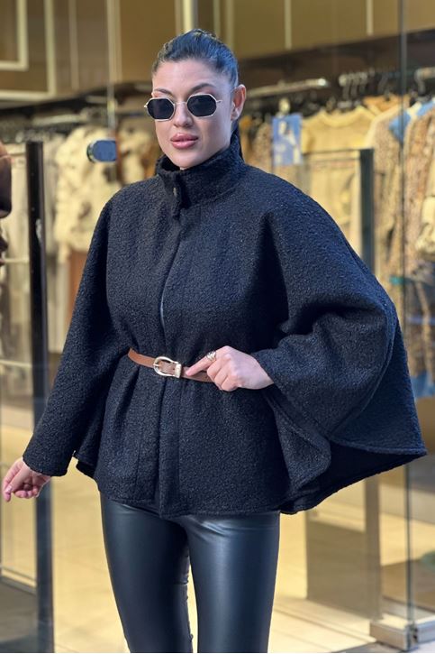 Buklet Doku Yaka Düğmeli Kemerli Panço-Siyah