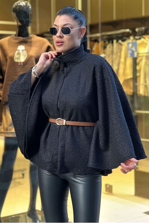 Buklet Doku Yaka Düğmeli Kemerli Panço-Siyah