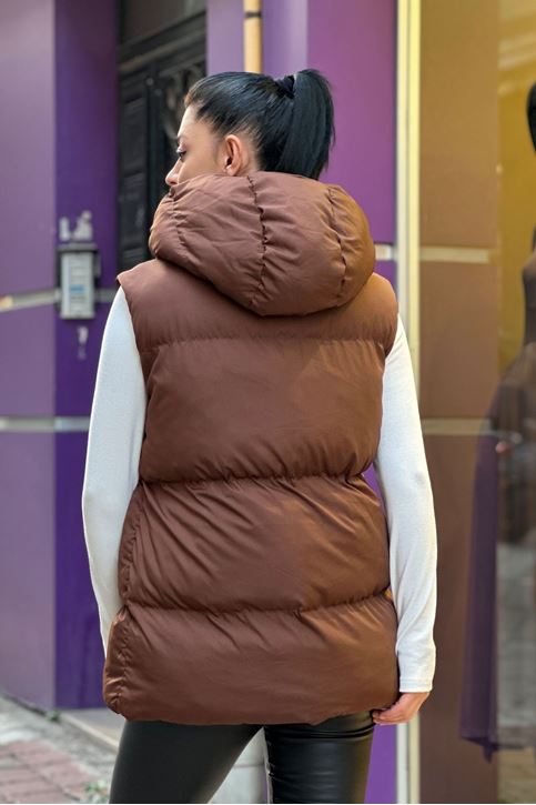 Yaka Fermuar Detaylı Şişme Yelek-Kahve