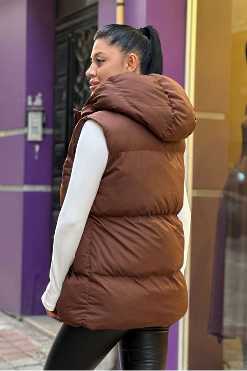 Yaka Fermuar Detaylı Şişme Yelek-Kahve