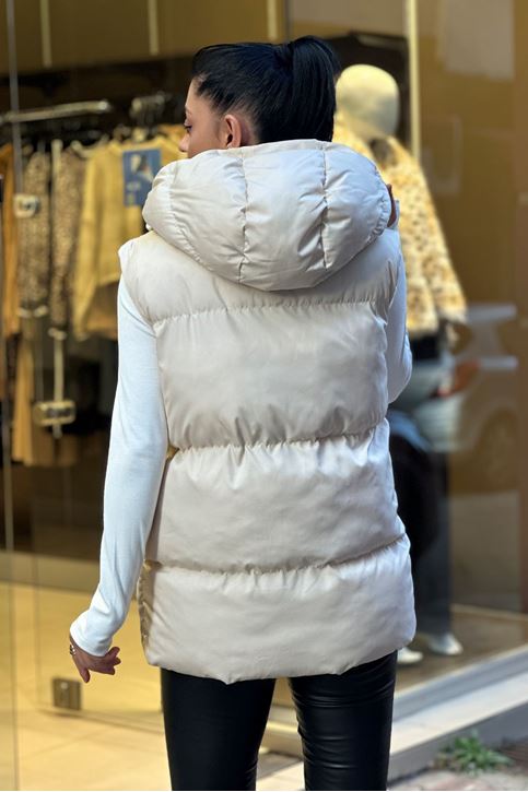 Yaka Fermuar Detaylı Şişme Yelek-Krem