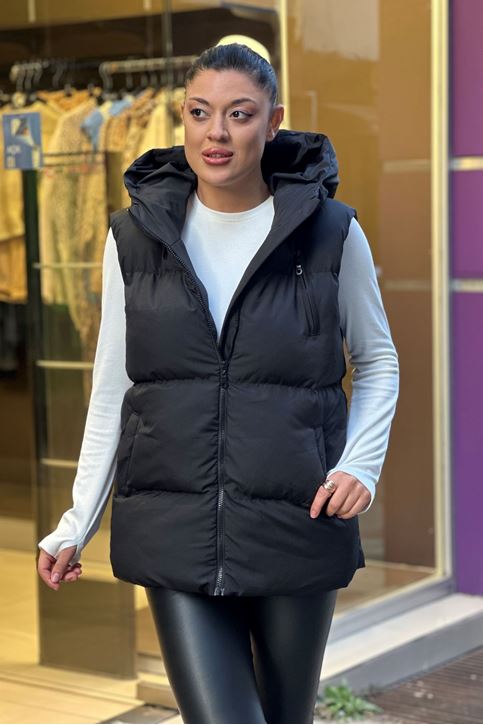 Yaka Fermuar Detaylı Şişme Yelek-Siyah