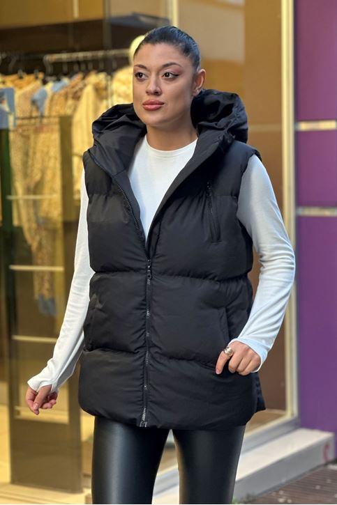 Yaka Fermuar Detaylı Şişme Yelek-Siyah