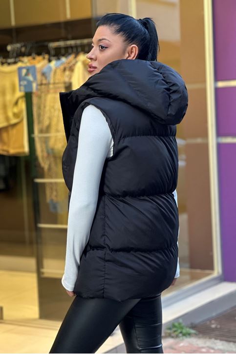 Yaka Fermuar Detaylı Şişme Yelek-Siyah