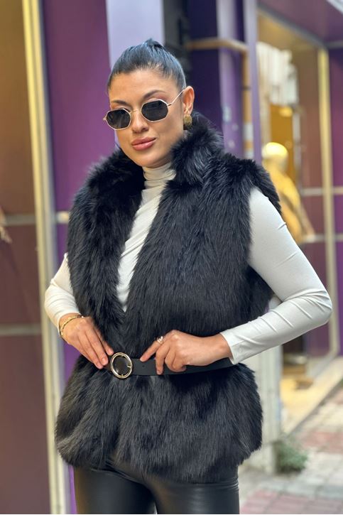 Deri Kemerli Kürk Yelek-Siyah