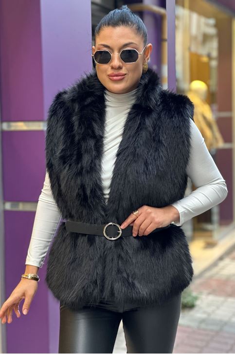 Deri Kemerli Kürk Yelek-Siyah