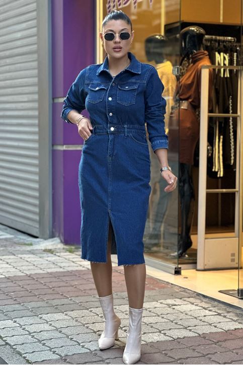 Eteği Yırtmaçlı Düğmeli Kot Elbise-Mavi