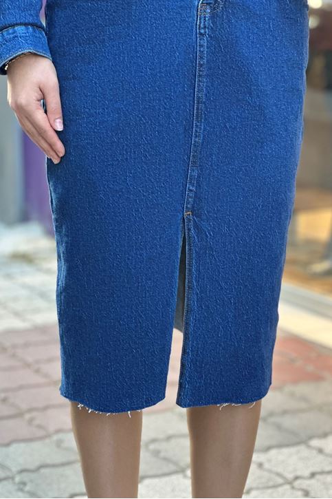 Eteği Yırtmaçlı Düğmeli Kot Elbise-Mavi