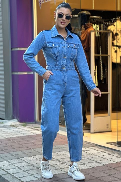 Ön Düğmeli Uzun Kol Kot Tulum-Açık Mavi