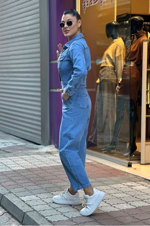 Ön Düğmeli Uzun Kol Kot Tulum-Açık Mavi