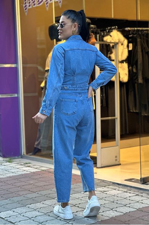 Ön Düğmeli Uzun Kol Kot Tulum-Açık Mavi