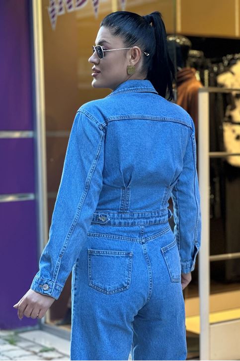 Ön Düğmeli Uzun Kol Kot Tulum-Açık Mavi