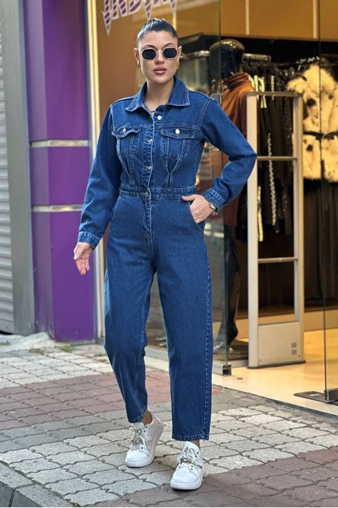 Ön Düğmeli Uzun Kol Kot Tulum-Mavi