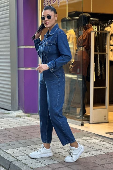 Ön Düğmeli Uzun Kol Kot Tulum-Mavi