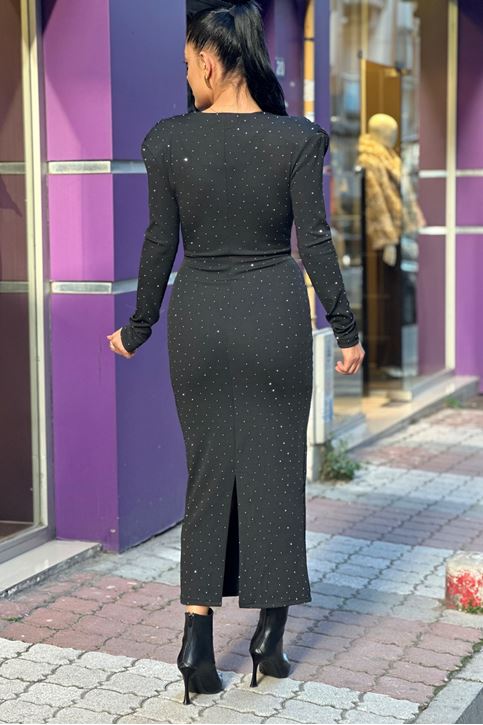 Degaje Yaka Omuz Vatkalı Taşlı Elbise-Siyah