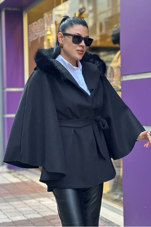 Kapşonu Kürk Detay Kaşe Panço-Siyah