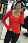 Kare Yaka Fitilli Crop-Kırmızı