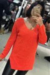 V Yaka Kendinden Simli Triko Yan Yırtmaçlı Triko-Orange