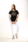 Önü Taş Yazı Baskılı Yuvarlak Yaka T-shirt-Siyah