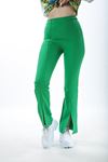 Paça Önden Yırtmaçlı Yandan Fermuarlı Yüksek Bel Pantolon-Yeşil