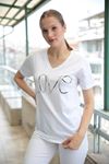 Taşlı Love Baskılı V Yaka T-shirt-Beyaz