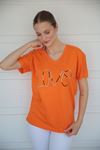 Taşlı Love Baskılı V Yaka T-shirt-Orange